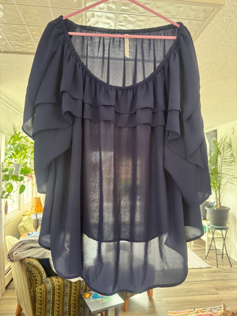 NY Collection Navy Blue Ruffle Peasant Blouse Plus Size 2X Off Shoulder Boho